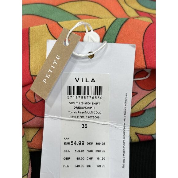 Vila Violy EU36 Petite (US 6) Midi Shirt Dress Floral Tomato Purée Retro NWT - Picture 7 of 11